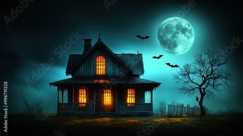 The silhouette of a haunted house stands against a full moon, illuminated by glowing windows