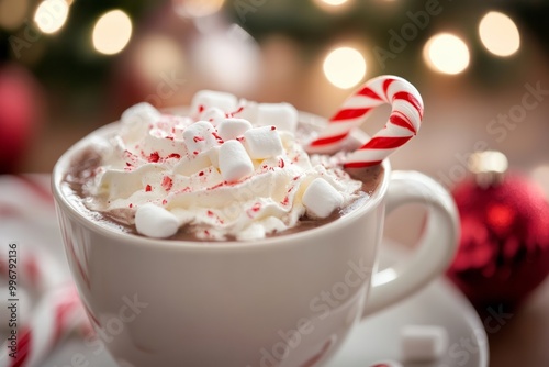 christmas warm cup of hot chocolate cocoa topped with whipped cream, marshmallows, and a candy cane with lights festive bokeh