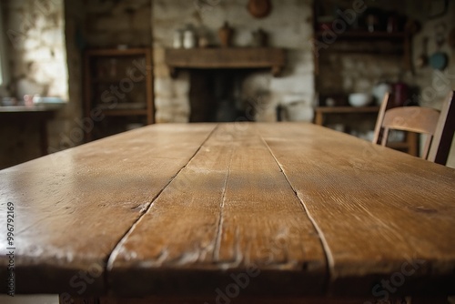 An aged wooden dining table in a cozy, vintage kitchen with rustic decor and a stone fireplace