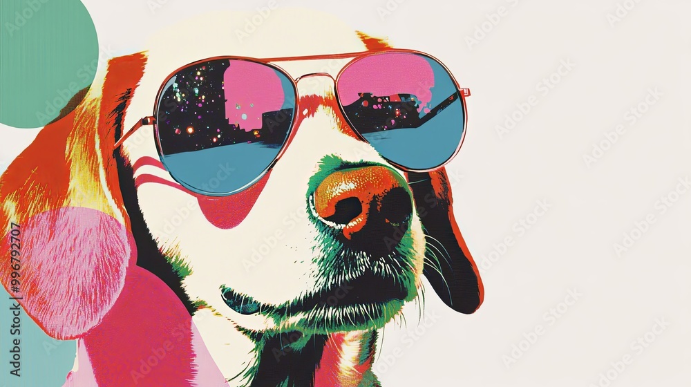 Fototapeta premium party dog collage popart collage style bold shapes and colors with animal wearing sunglasses 