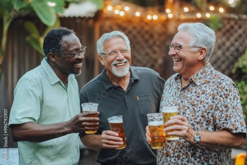 Guys night out - diverse senior men friends drinking beer at backyard summer or autumn barbecue party, smiling, having good time. Male friendship and bromance.