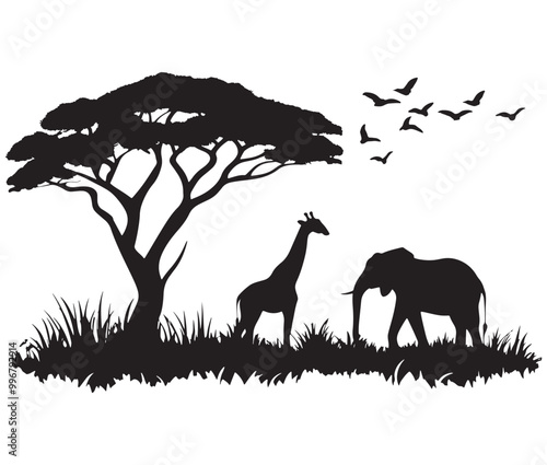 Giraffe in the savannah, Landscape silhouette vector, African savannah Silhouette of animals