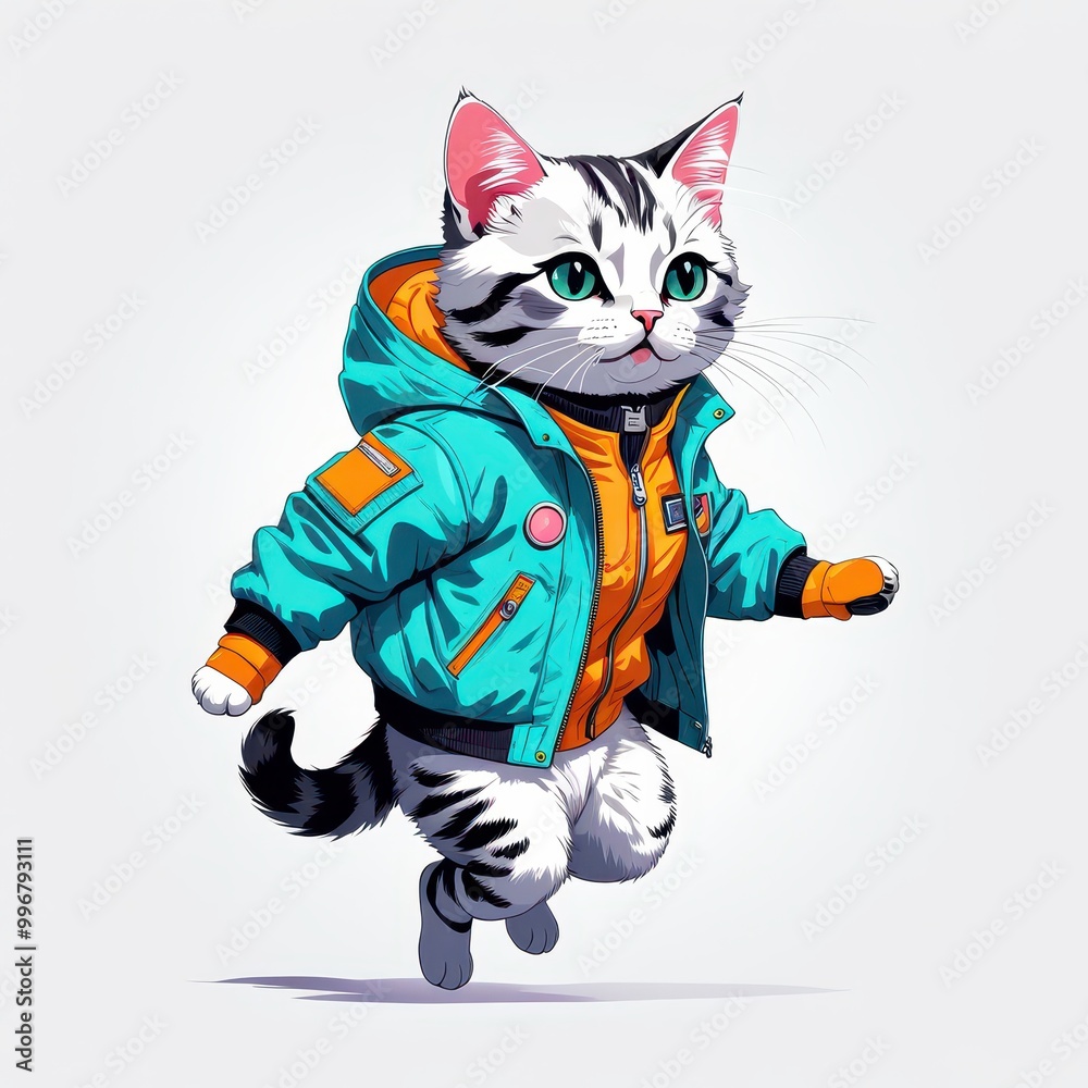 A cartoon cat in a stylish jacket, playfully running. A cartoon cat in a stylish jacket, playfully running.