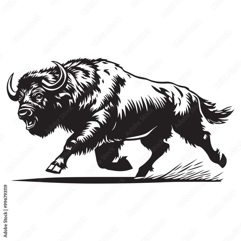 Fototapeta premium Mascot of running angry buffalo, Clean Black and white Vector silhouette of a Buffalo