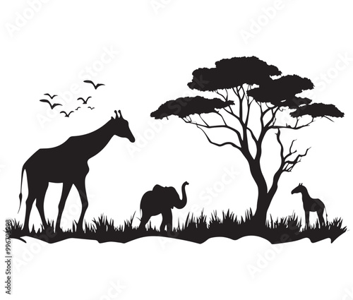 Giraffe in the savannah, Landscape silhouette vector, African savannah Silhouette of animals