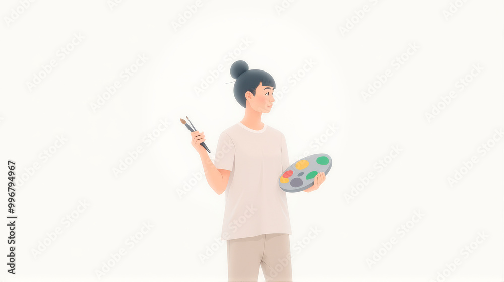 An illustration of an artist with a palette and a paintbrush. The style is minimalist and modern. Copy space An illustration of an artist with a palette and a paintbrush. The style is minimalist and modern. Copy space