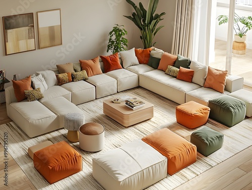 Cozy and inviting modern living room with a sprawling modular sofa mid century inspired furnishings and a warm color scheme that creates a welcoming atmosphere photo