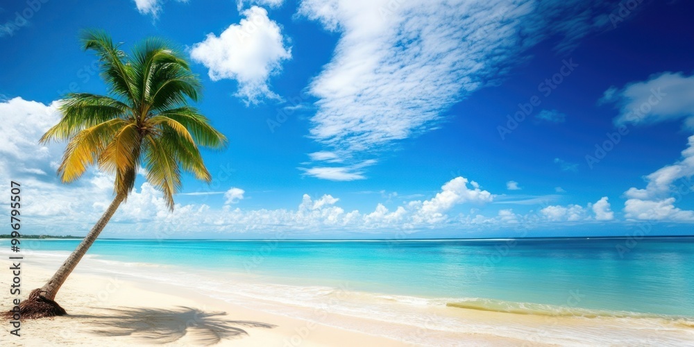 Fototapeta premium Scenic coral beach with palm tree summer sky landscape.