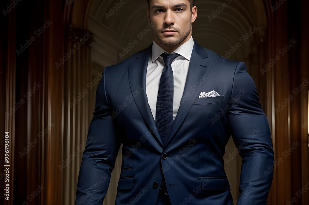man wearing a suit, formal attire, muscular physique with a blur background man wearing a suit, formal attire, muscular physique with a blur background