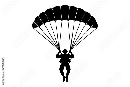 Paratrooper Landing Silhouette, Military Parachute Silhouette, Vector Illustration, Soldier Parachuting Clipart