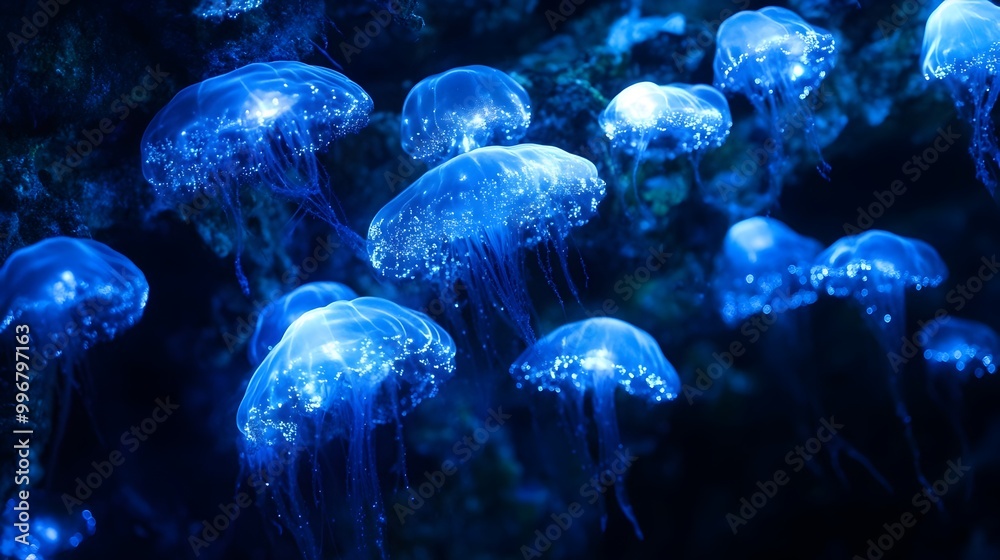 Naklejka premium Ethereal Underwater Bioluminescent Glow Showcasing the Deep Sea s Enchanting Natural Wonders Radiant display of glowing luminescent marine life in the depths of the ocean