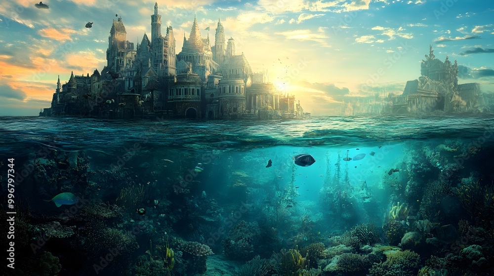 Ethereal Underwater Landscape Featuring a Mysterious Sunken Lost City Waiting to Be Explored by Curious Divers and Adventurers Ethereal Underwater Landscape Featuring a Mysterious Sunken Lost City Waiting to Be Explored by Curious Divers and Adventurers