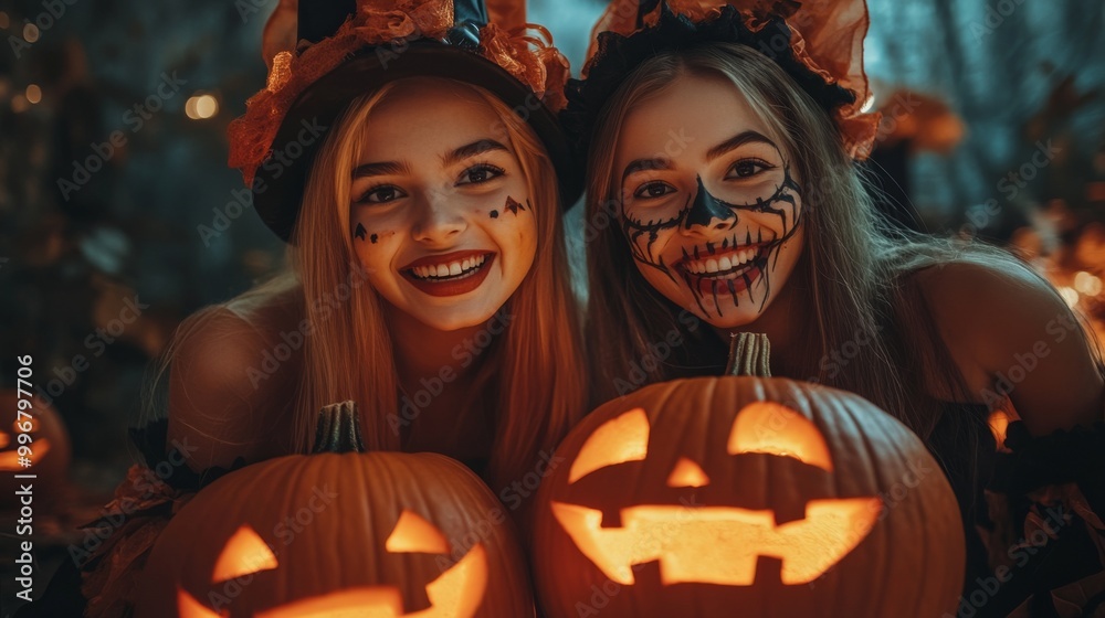 Halloween Witches and Pumpkins in Spooky Autumn Forest