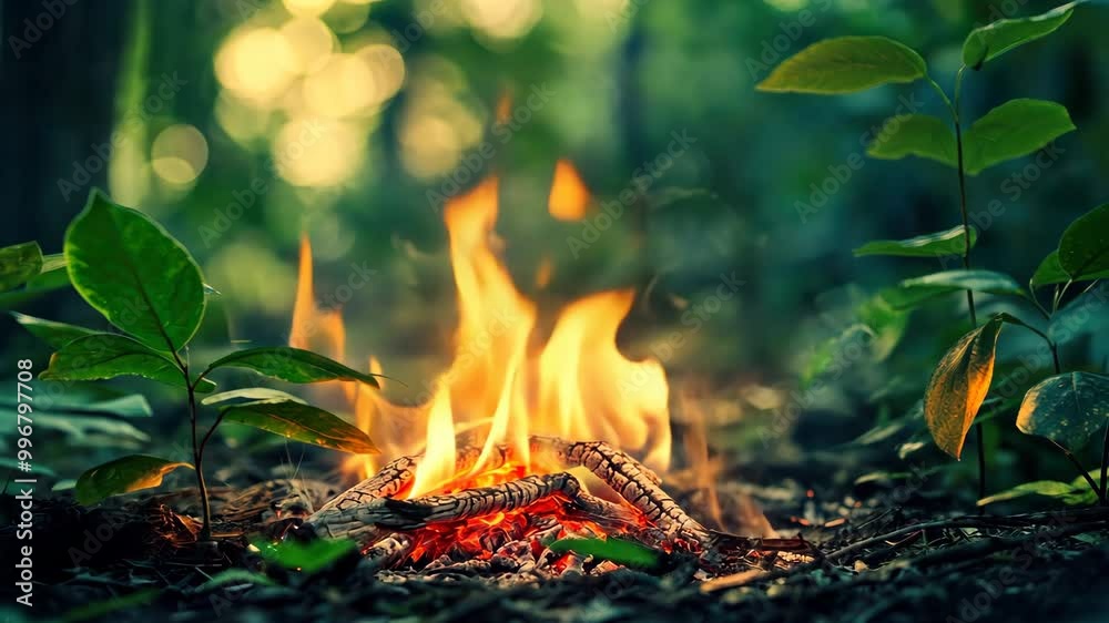 Bonfire flames dancing on the forest floor amidst surrounding foliage Bonfire flames dancing on the forest floor amidst surrounding foliage