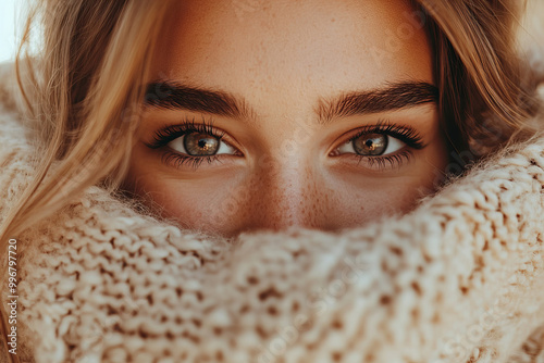 Captivating Autumn Portrait of a Beautiful Young Woman in Cozy Knitted Hat and Scarf, Vibrant Fall Leaves, Showcasing Natural Beauty, Seasonal Fashion, and Warm Earthy Tones in Outdoor Setting