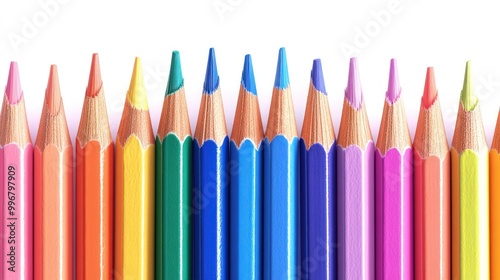 A row of sharpened colored pencils on a white background.