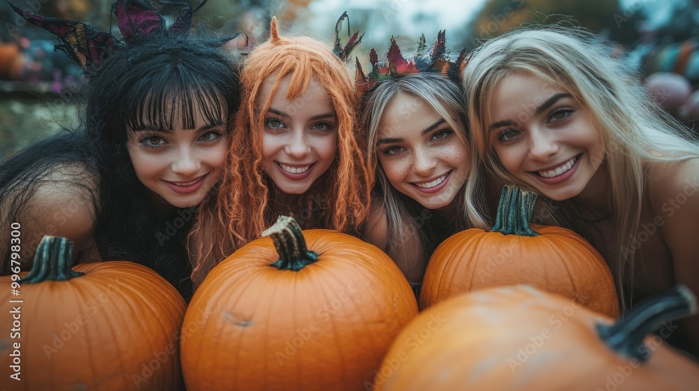 Halloween Witches and Pumpkins in Spooky Autumn Forest Halloween Witches and Pumpkins in Spooky Autumn Forest