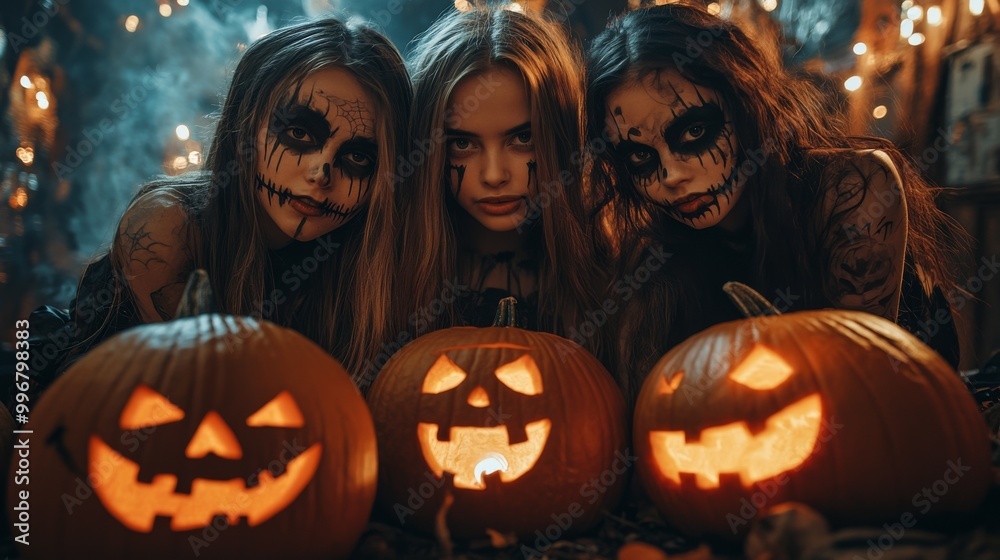 Halloween Witches and Pumpkins in Spooky Autumn Forest Halloween Witches and Pumpkins in Spooky Autumn Forest