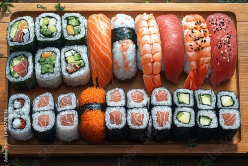 Colorful Sushi Platter with Various Ingredients and Flavors