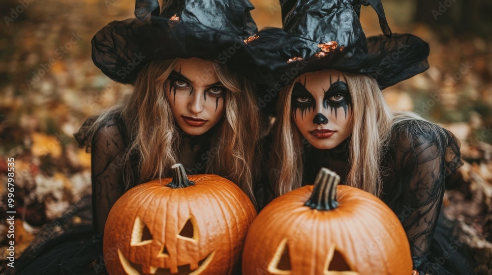 Halloween Witches and Pumpkins in Spooky Autumn Forest Halloween Witches and Pumpkins in Spooky Autumn Forest