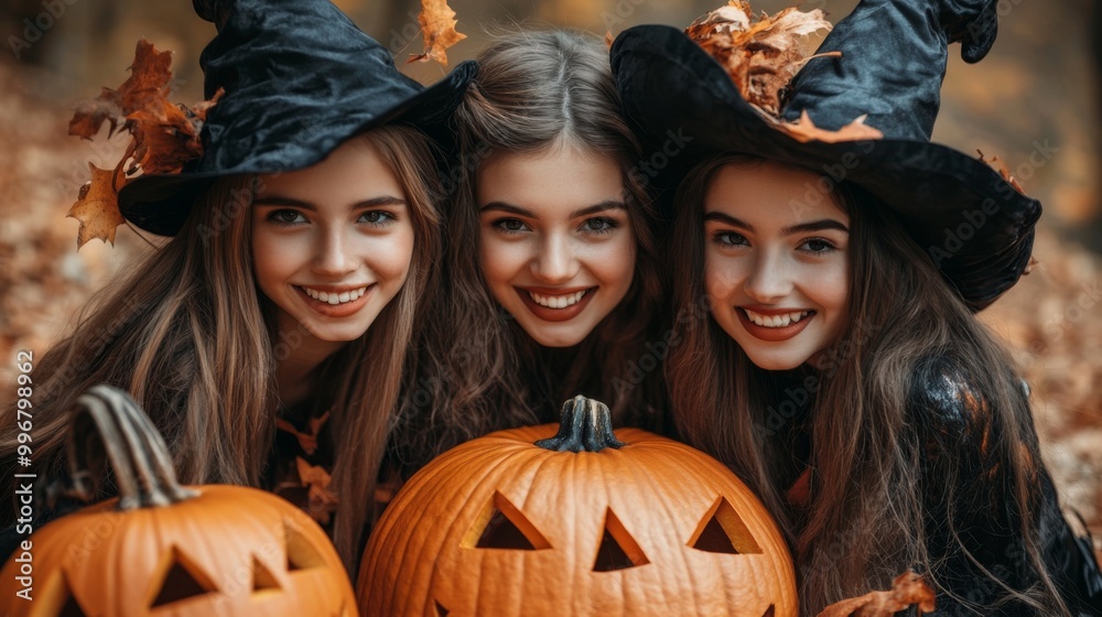 Halloween Witches and Pumpkins in Spooky Autumn Forest Halloween Witches and Pumpkins in Spooky Autumn Forest