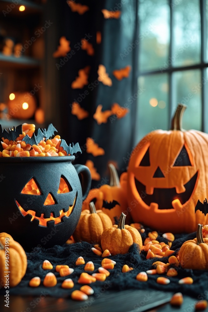 Obraz premium A Halloween-themed table features spooky pumpkins and a cauldron filled with treats