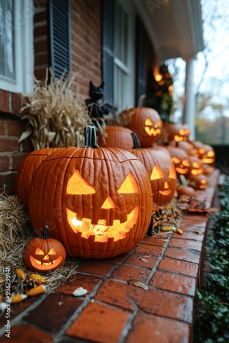 Carved pumpkins glow warmly on a porch, creating a festive autumn atmosphere