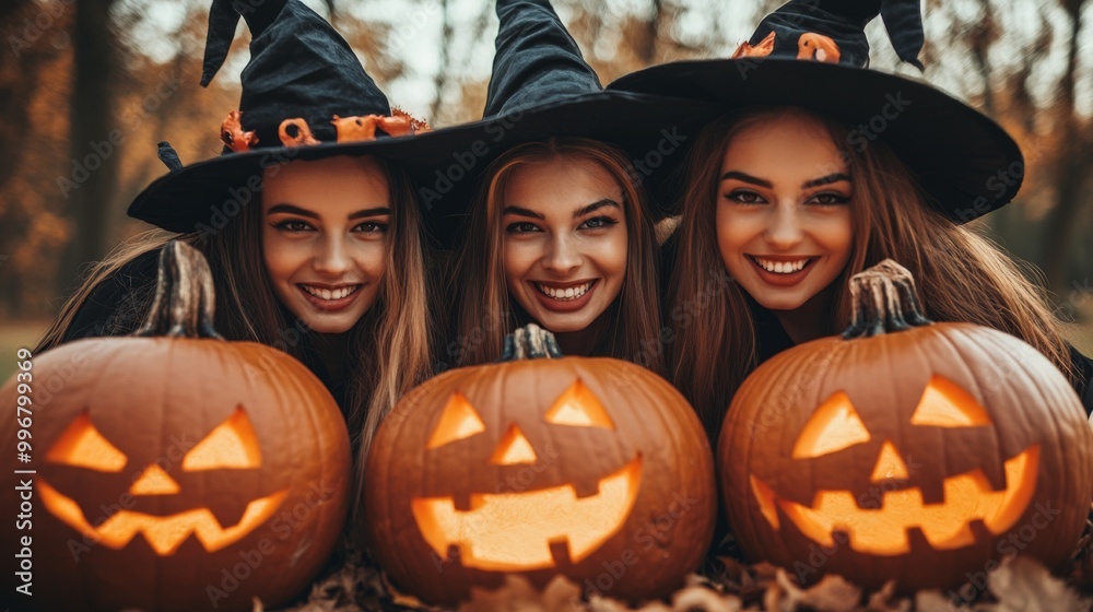Halloween Witches and Pumpkins in Spooky Autumn Forest Halloween Witches and Pumpkins in Spooky Autumn Forest