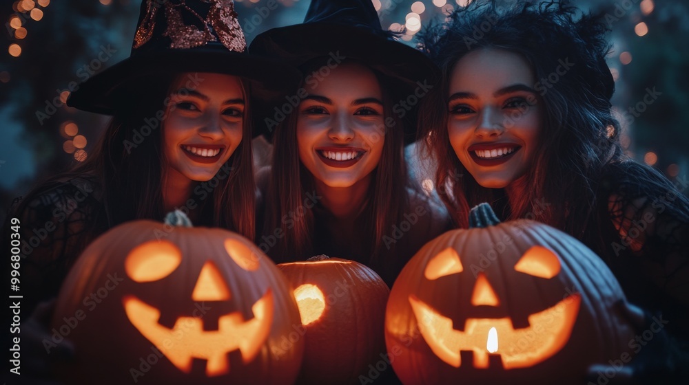 Halloween Witches and Pumpkins in Spooky Autumn Forest Halloween Witches and Pumpkins in Spooky Autumn Forest
