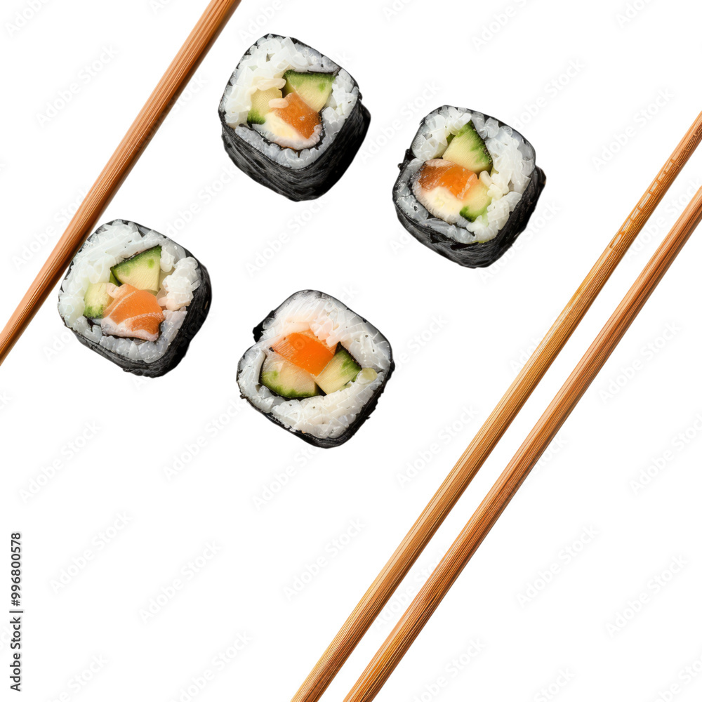 Isolated healthy Japanese sushi roll with salmon on a white plate, served with chopsticks Isolated healthy Japanese sushi roll with salmon on a white plate, served with chopsticks
