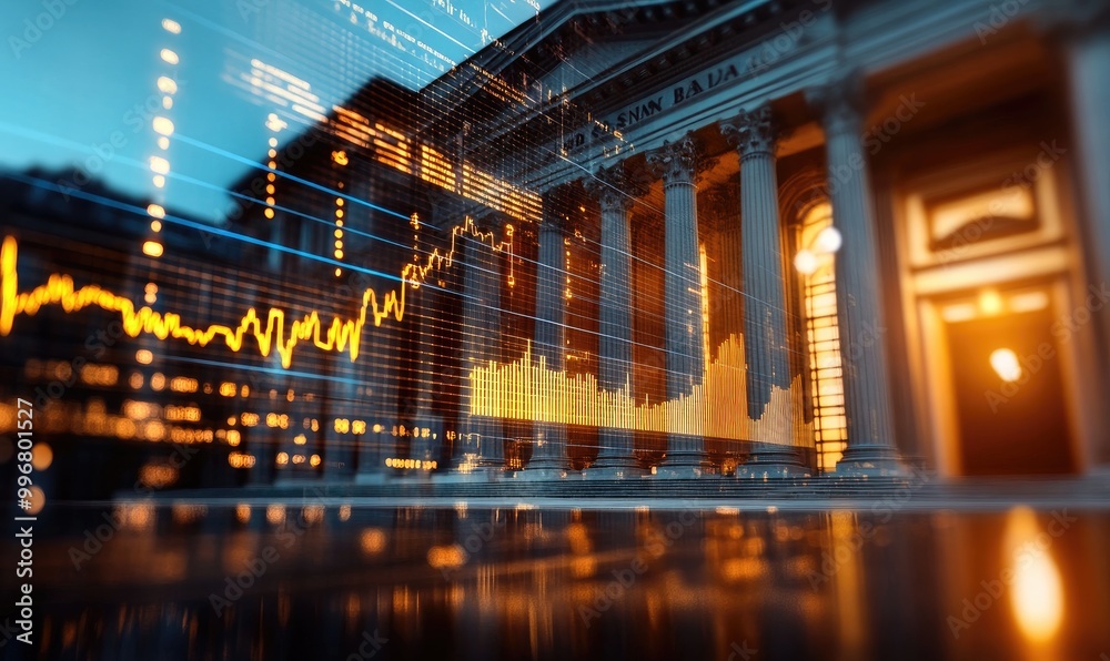 3D Bank Building with Glowing Financial Charts: A Modern Financial Hub 3D Bank Building with Glowing Financial Charts: A Modern Financial Hub