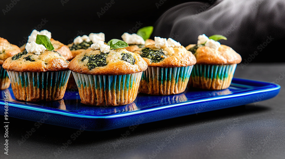 golden-brown spinach and feta cheese muffins arranged artfully on a vibrant blue ceramic platter golden-brown spinach and feta cheese muffins arranged artfully on a vibrant blue ceramic platter