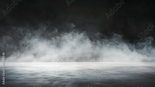 Dark room concrete floor. Black room background for product placement.Panoramic view of the abstract fog, mist or smog moves on black background.