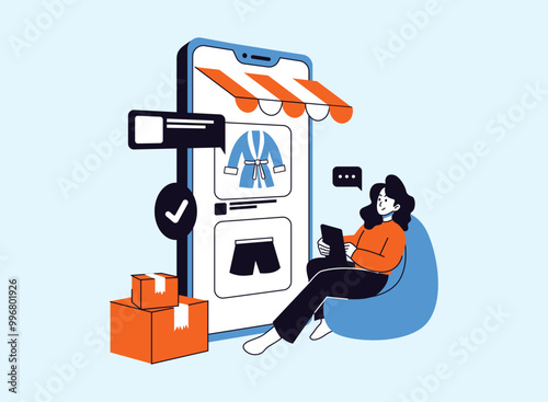 A woman is comfortably shopping online on her tablet, browsing through products and potentially making a purchase.