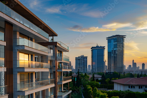 Blurred abstract background aerial view of Eunos neighborhood in Singapore at blue hour. Colorful defocused bokeh lights from new buildings and tennis, basketball couts. Urban cityscape background, 
 photo