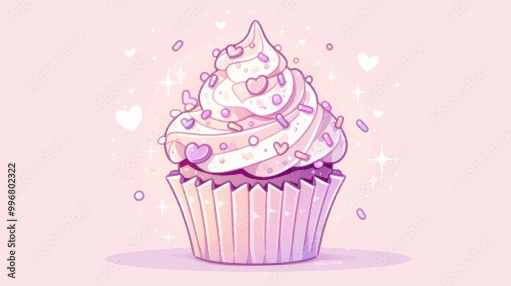 Cute Pink Cupcake with Sprinkles and Hearts Cute Pink Cupcake with Sprinkles and Hearts