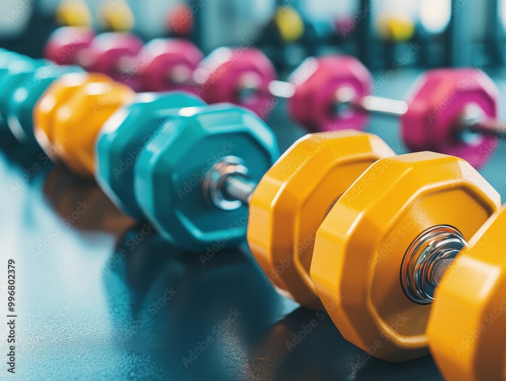 Obraz premium Weight training with vibrant dumbbells, sleek gym setup, dynamic energy.