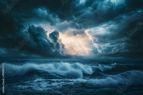 storm above the ocean in the night with a lot of waves 