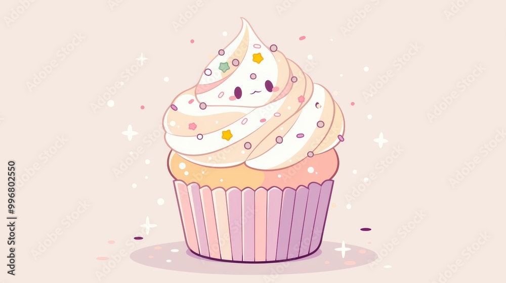 Cute pastel cupcake with swirled frosting and sprinkles Cute pastel cupcake with swirled frosting and sprinkles