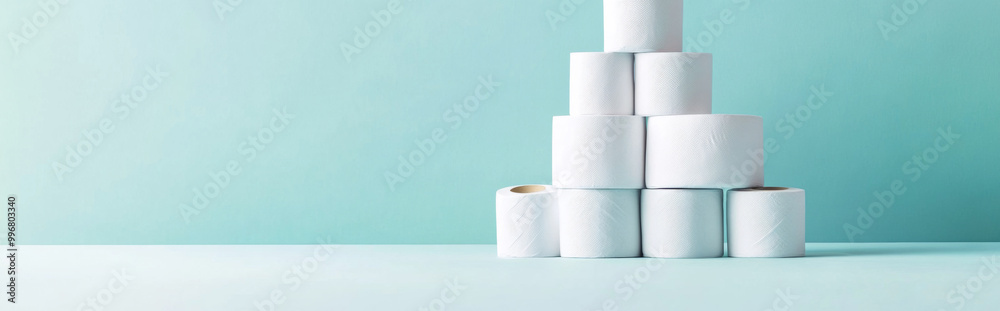Stack of white toilet paper rolls against turquoise background Stack of white toilet paper rolls against turquoise background