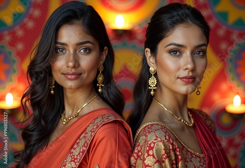 Indian Women Celebrating Diwali Festival Joyfully in Traditional Sarees with Diyas