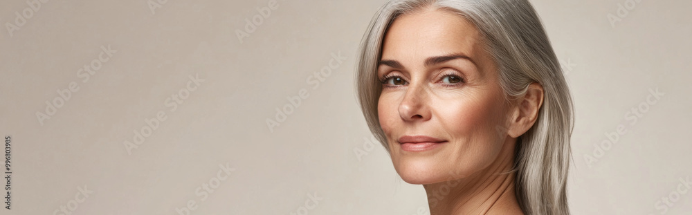 Obraz premium Portrait of serene mature woman with gray hair and light background