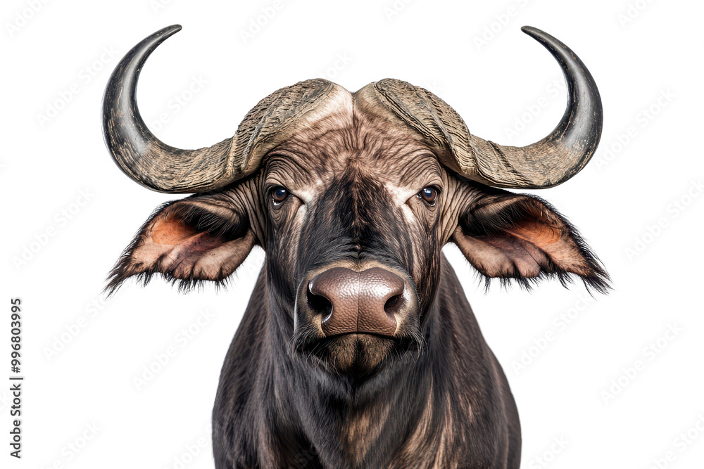 Naklejka premium A close-up portrait of a majestic bull showcasing its powerful horns and intense gaze, perfect for wildlife and nature themes., transparent background.