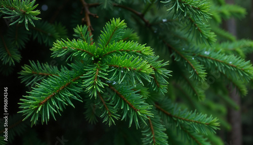 Close-up of evergreen tree branch with droplets on needles, natural greenery, fresh atmosphere, copy space