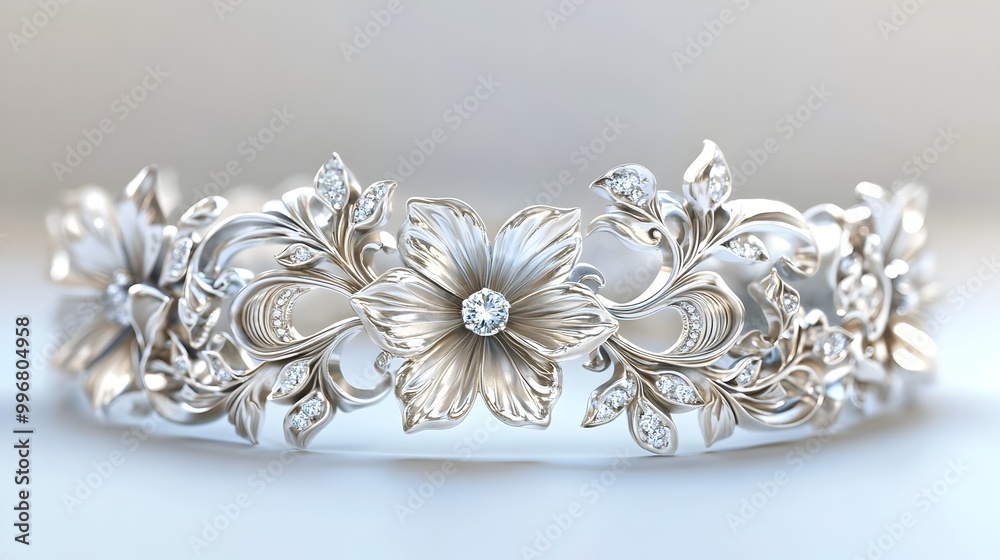 Exquisite white gold floral bracelet featuring lush interwoven flowers and vines ornate filigree and granulation and dazzling gemstone accents Masterfully crafted with clarity and texture Exquisite white gold floral bracelet featuring lush interwoven flowers and vines ornate filigree and granulation and dazzling gemstone accents Masterfully crafted with clarity and texture