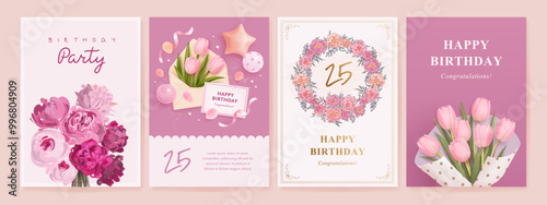 Set of happy birthday greeting card, invitation, web banner design template with realistic bouquet of tulips, balloons, envelope and hand drawn flower wreath. Vector illustration