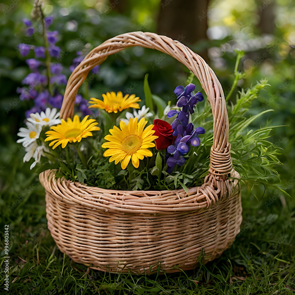 a cheerful bouquet in a woven wicker basket, showcasing bright yellow daisies, red roses, small white daisies, and purple irises, surrounded by vibrant green leaves a cheerful bouquet in a woven wicker basket, showcasing bright yellow daisies, red roses, small white daisies, and purple irises, surrounded by vibrant green leaves