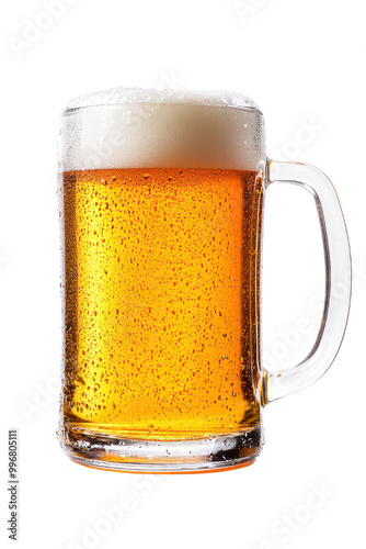 A refreshing glass of beer with a frothy head, perfect for enjoying on a warm day or at a social gathering, transparent background.