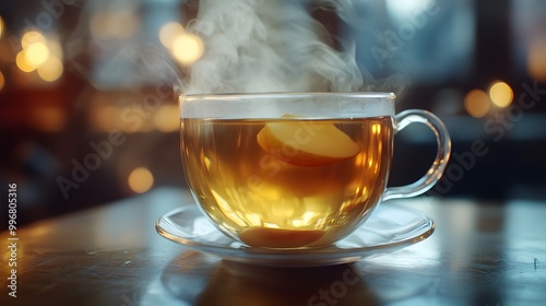  A steaming cup of apple herbal tea, with visible steam rising from the glass and an apple slice floating on top.