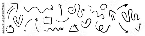 Set of hand draw black and white arrows in doodle style isolated on white background. Vector illustration sketch design element.Icons in shapes of hearts,circle,waves.